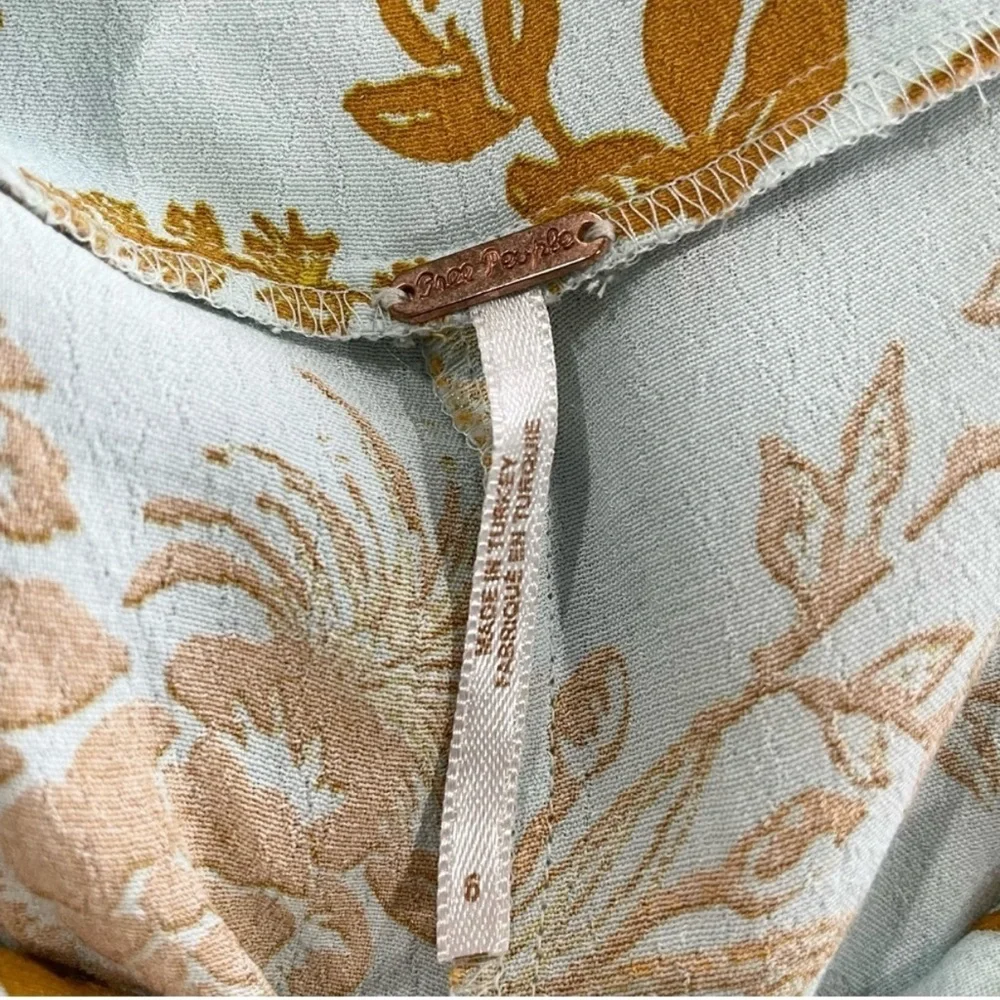 Free People Be The One Floral Wide Leg Ruffle Mint Blue Gold Jumpsuit Size 6 - Picture 6 of 7